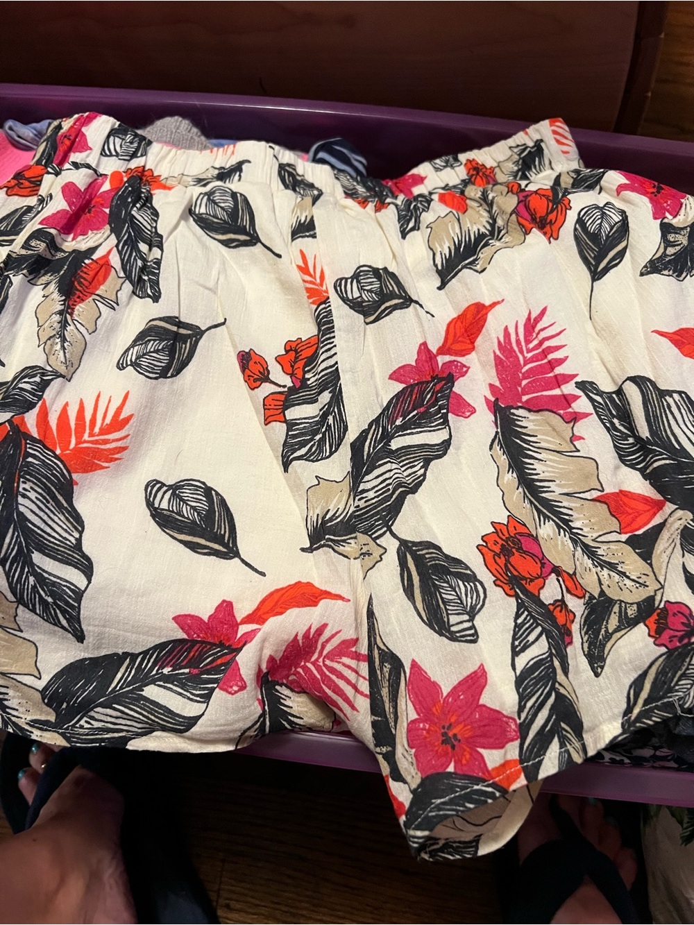 Xhilaration Cream Shorts with Black Leaf Print and Pink-Red Blooms